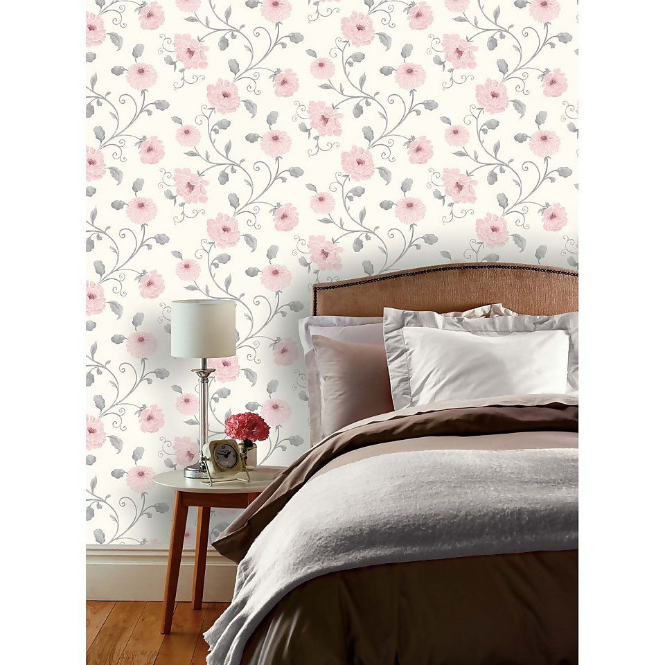 Arthouse Antoinette Floral Smooth Pink and White Wallpaper
