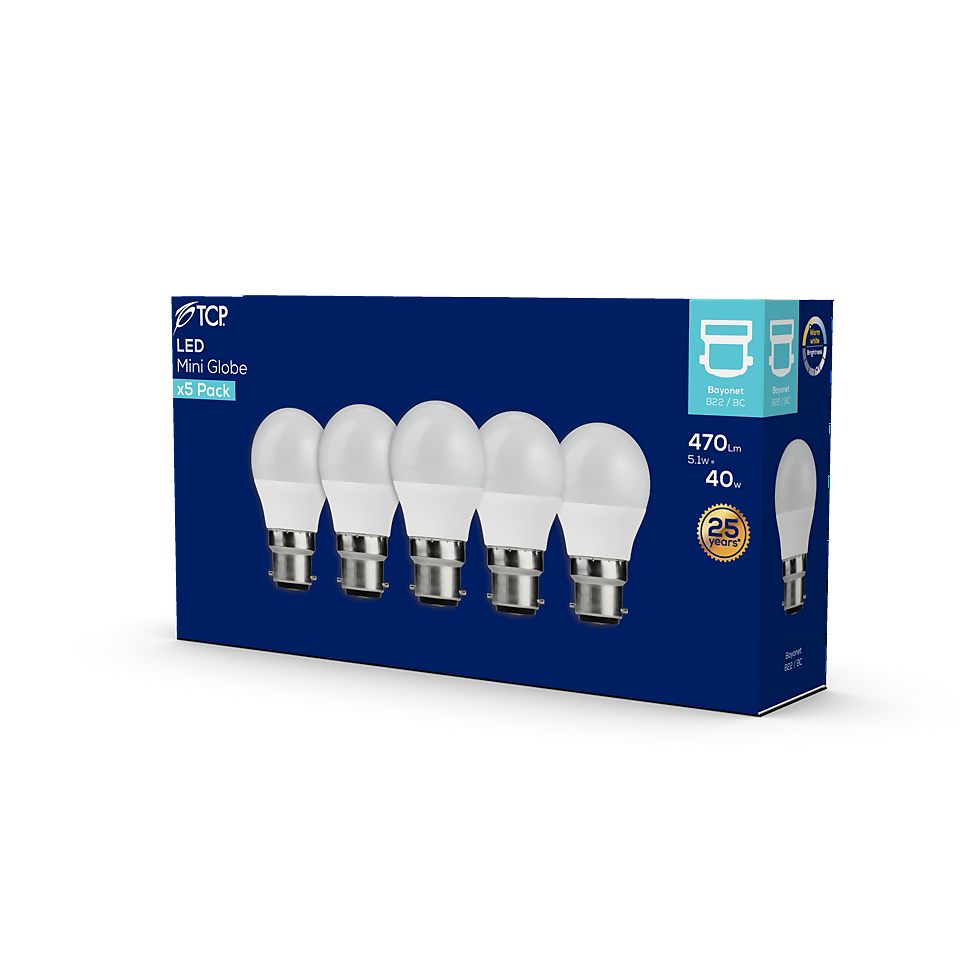 TCP LED Globe 40W BC Warm Non Dimmable Light Bulb - 5 pack