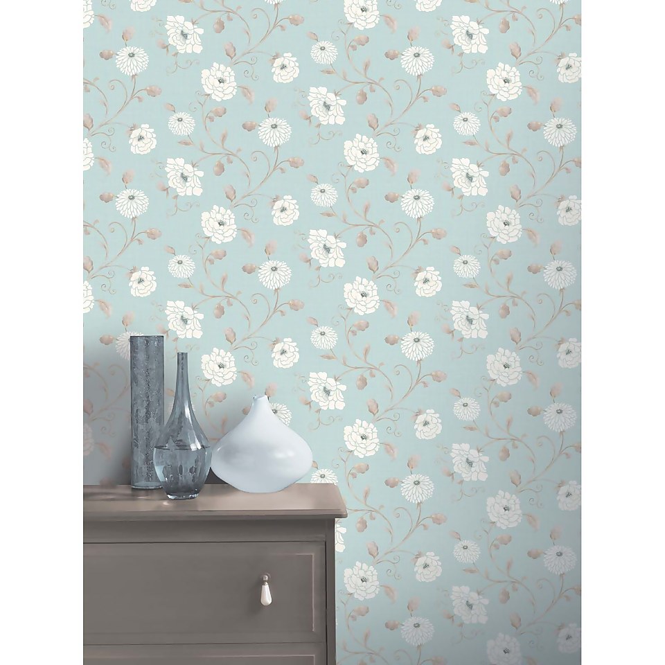 Arthouse Antoinette Floral Smooth Teal and White Wallpaper