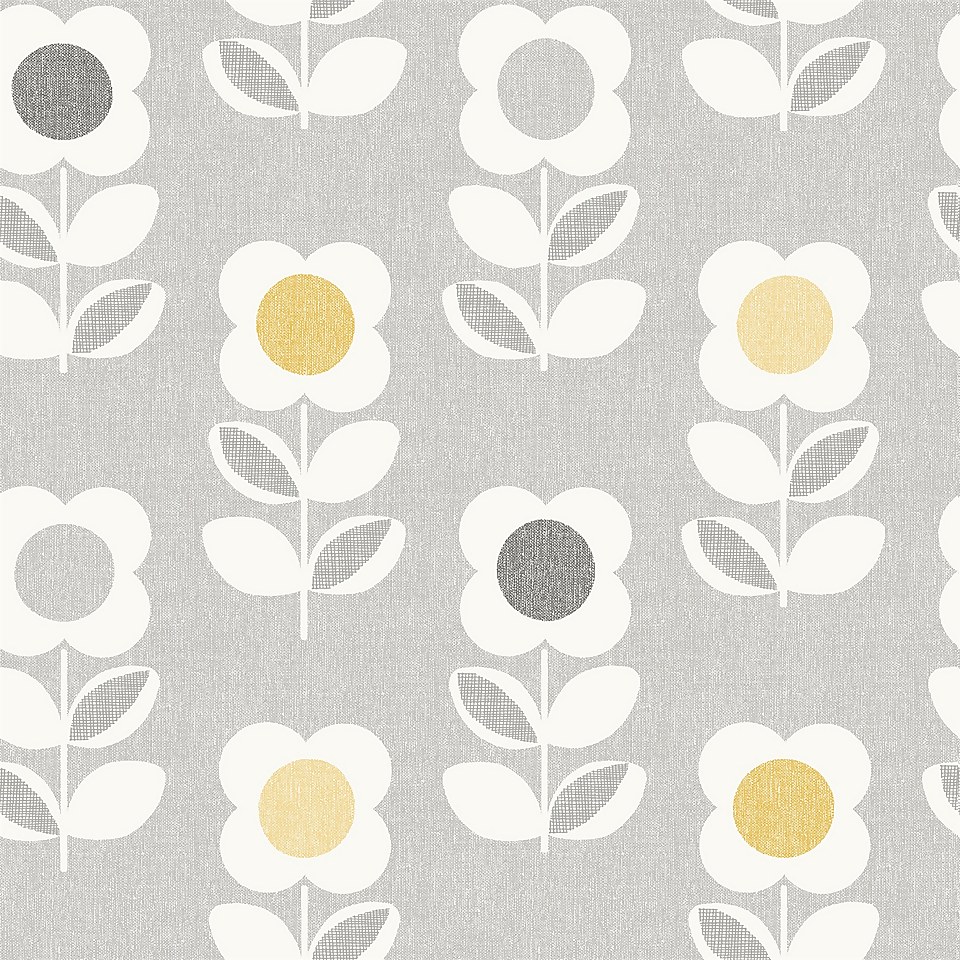 Arthouse Retro Flower Floral Smooth Grey and Yellow Wallpaper