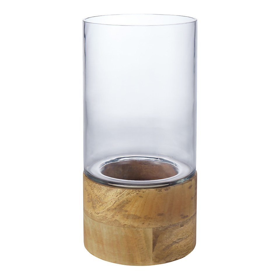 House Beautiful Glass Hurricane Vase with Mango Wood Base
