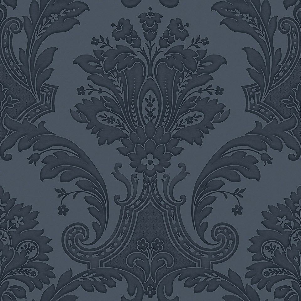 Belgravia Decor Amara Damask Textured Dark Blue Wallpaper