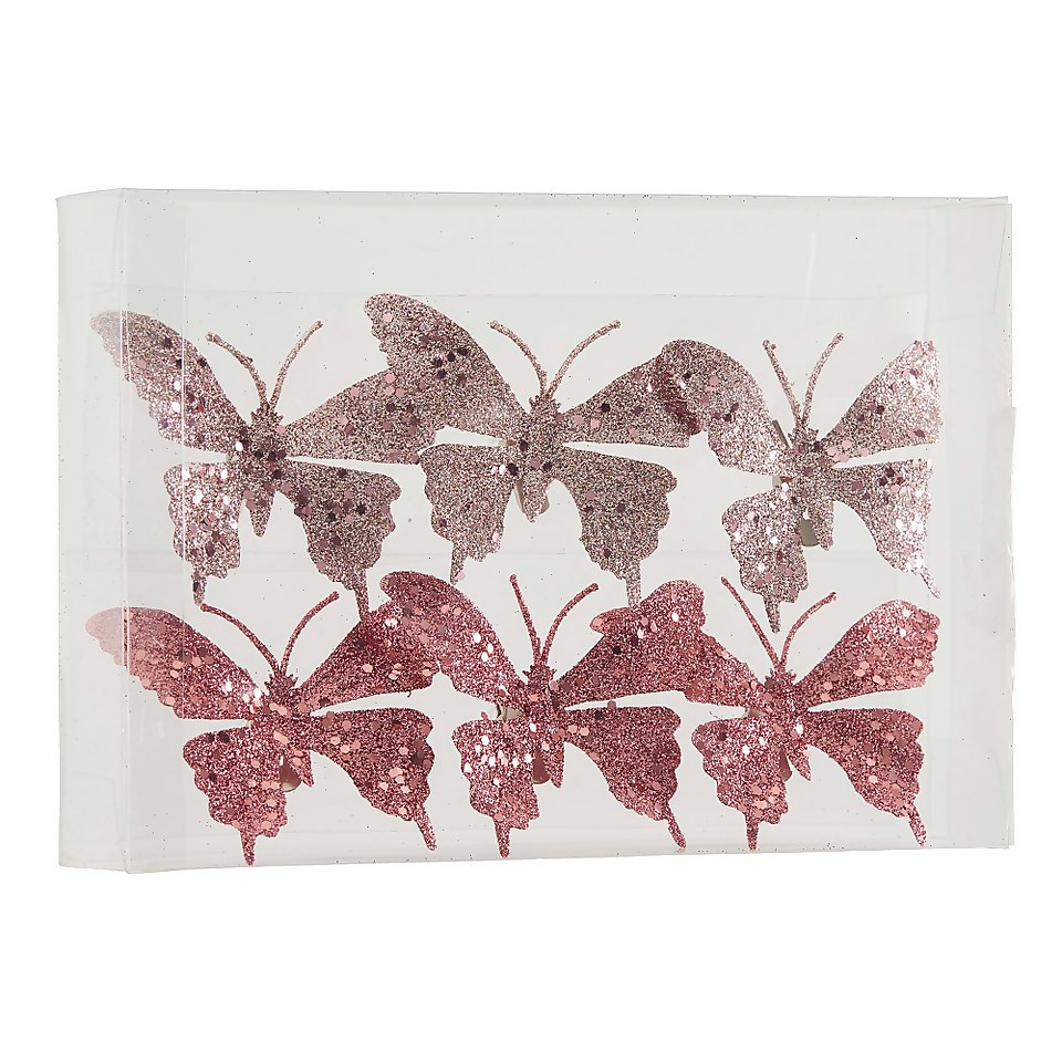 Pink Butterfly with Clip Christmas Tree Decorations Pack of 6 Homebase