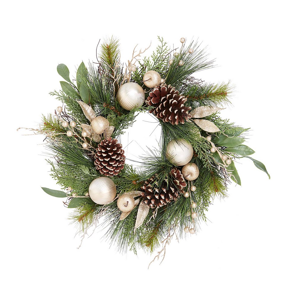 Natural Cone and Gold Bauble Christmas Wreath - 50cm