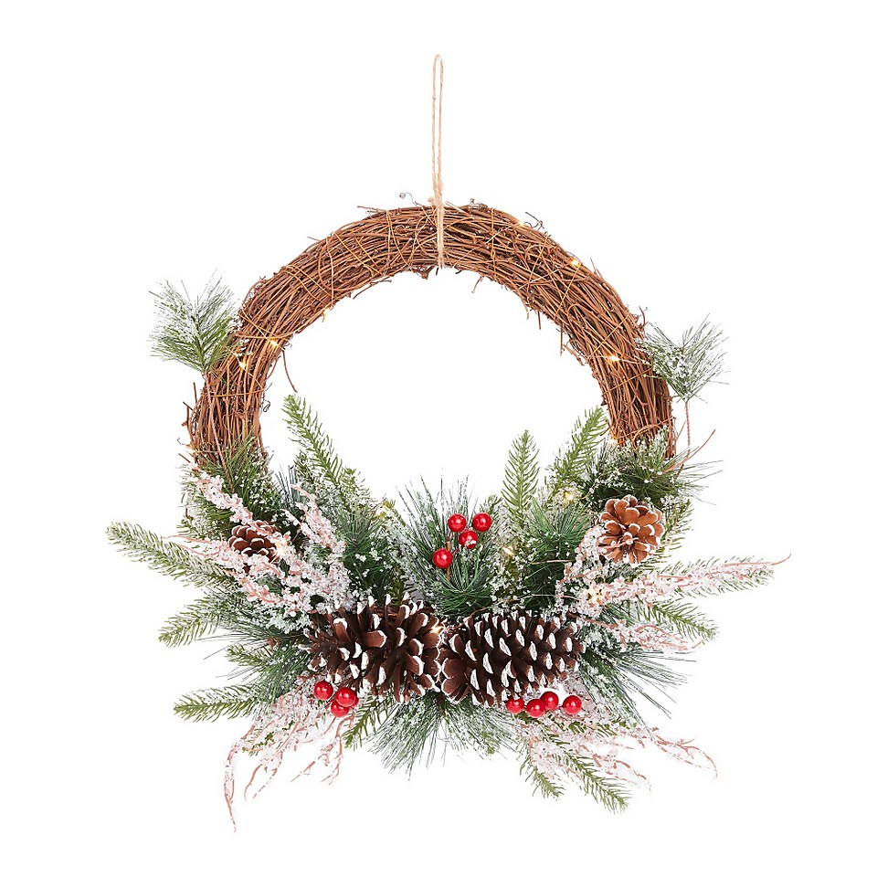 Floral Rattan Round Christmas Wreath with Lights - 50cm