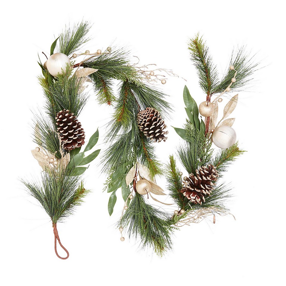 Natural Cone and Gold Bauble Christmas Garland - 180cm