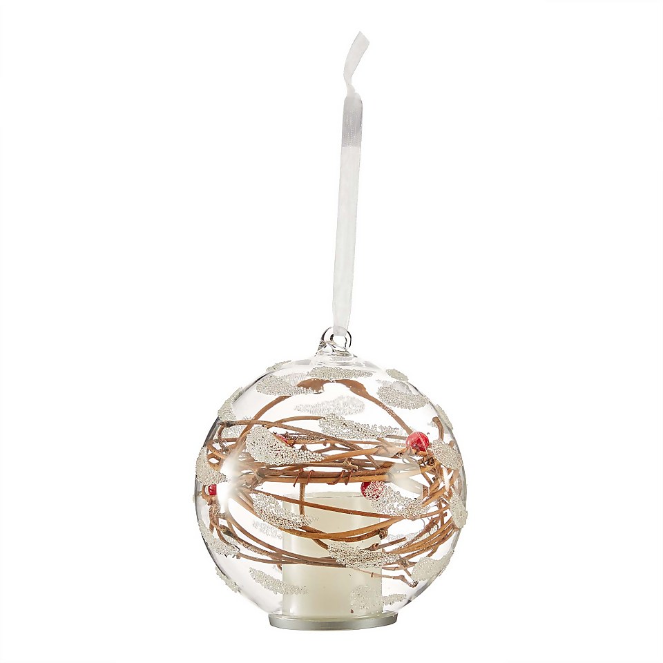 Berry And Candle Glass Christmas Bauble Decoration Battery Operated Homebase