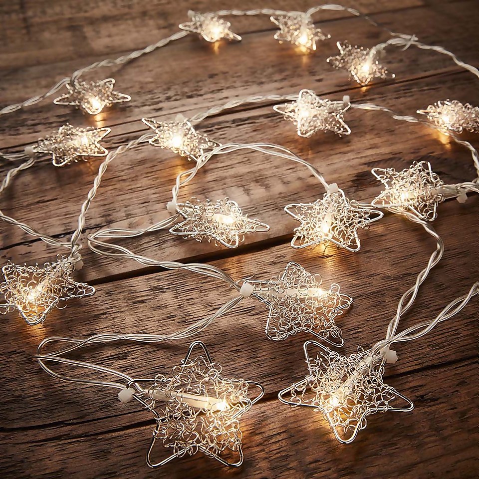 15 Silver Wire Star Christmas Tree Lights - Battery Operated
