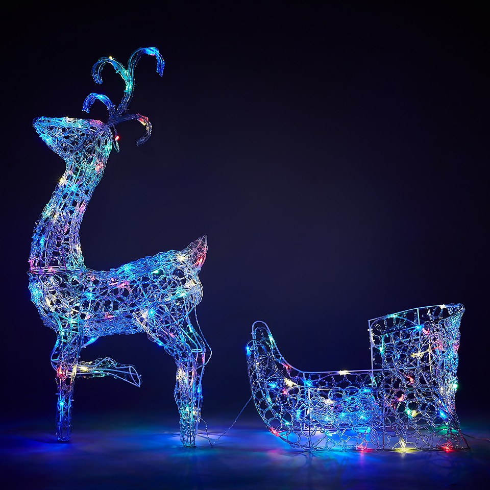 Acrylic LED Reindeer and Sleigh Multicolour 3D Outdoor Christmas Light Decoration