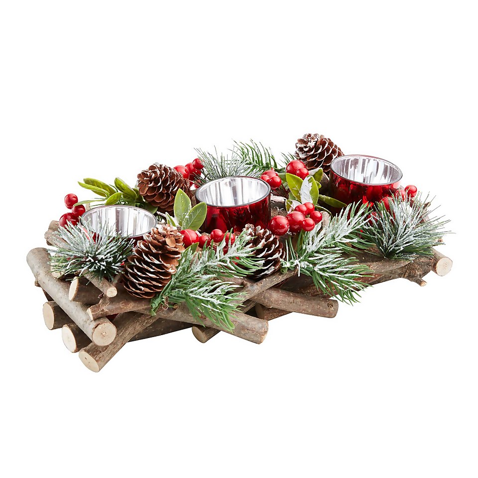 Red Berry & Willow Tabletop 3 Christmas Candle Holder - 30cm