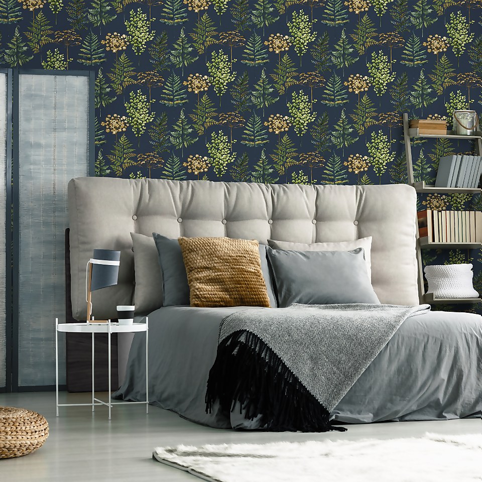 House Beautiful Botanical Bliss Navy Wallpaper