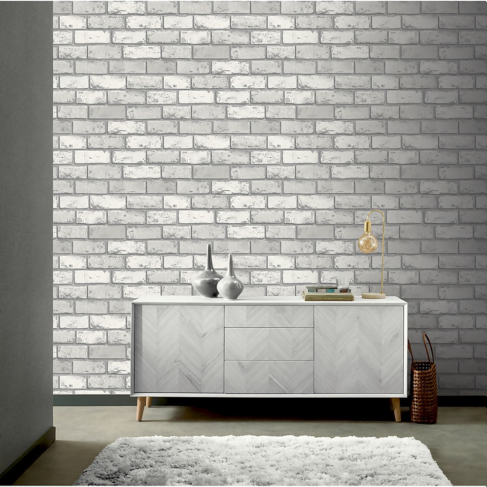 Arthouse Metallic Brick White Silver Wallpaper