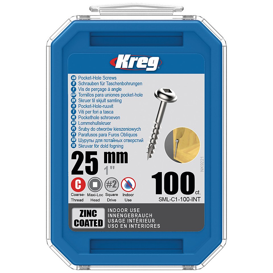 Kreg SML-C1-100-EUR Zinc Pocket-Hole Screws - 25mm / 1.00", #8 Coarse-Thread, Maxi-Loc - 100 Pack
