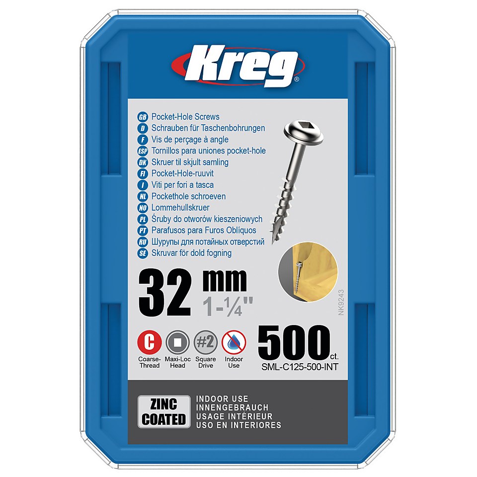 Kreg SML-C125-500-EUR Zinc Pocket-Hole Screws - 32mm / 1.25", #8 Coarse-Thread, Maxi-Loc - 500 Pack
