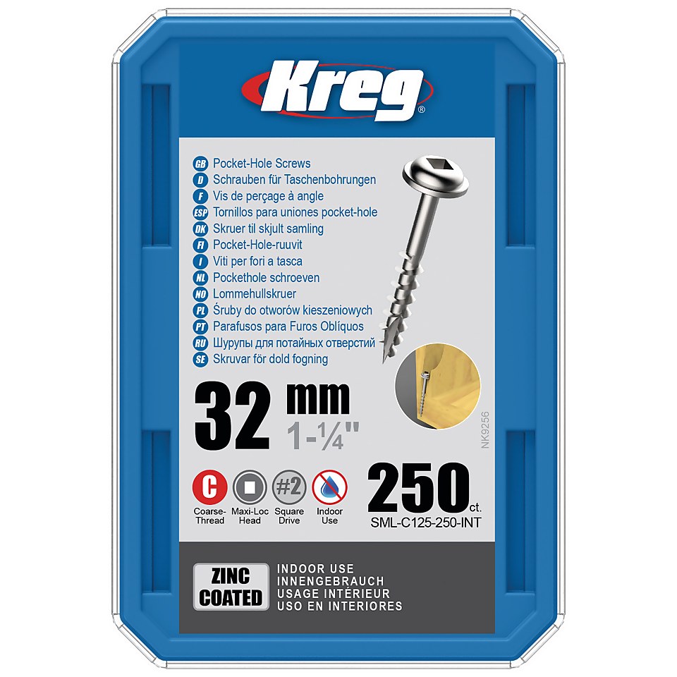 Kreg SML-C125-250-EUR Zinc Pocket-Hole Screws - 32mm / 1.25", #8 Coarse-Thread, Maxi-Loc - 250 Pack