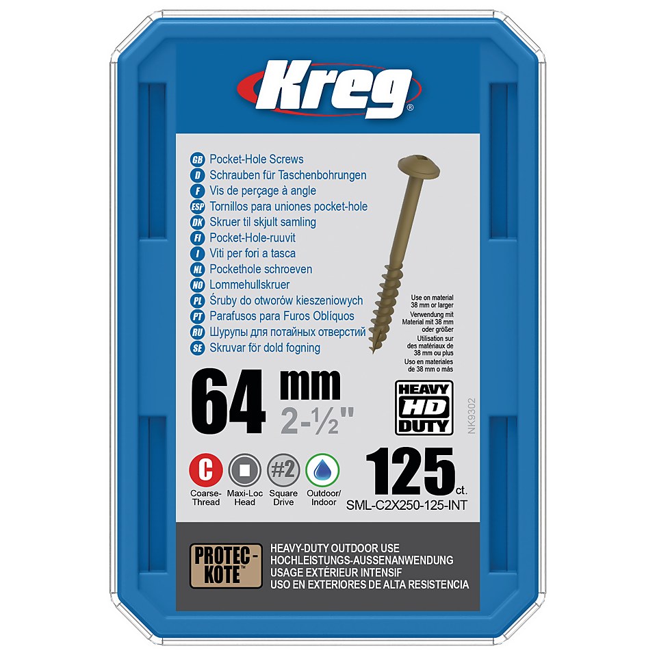 Kreg SML-C2X250-125-EUR HD Protec-Kote Pocket-Hole Screws - 64mm / 2.50", #14 Coarse-Thread, Maxi-Loc - 125 Pack