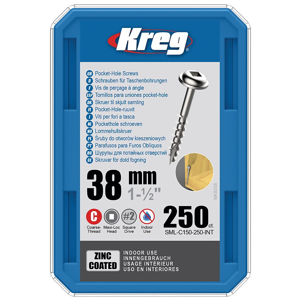 Kreg SML-C150-250-EUR Zinc Pocket-Hole Screws - 38mm / 1.50", #8 Coarse-Thread, Maxi-Loc - 250 Pack