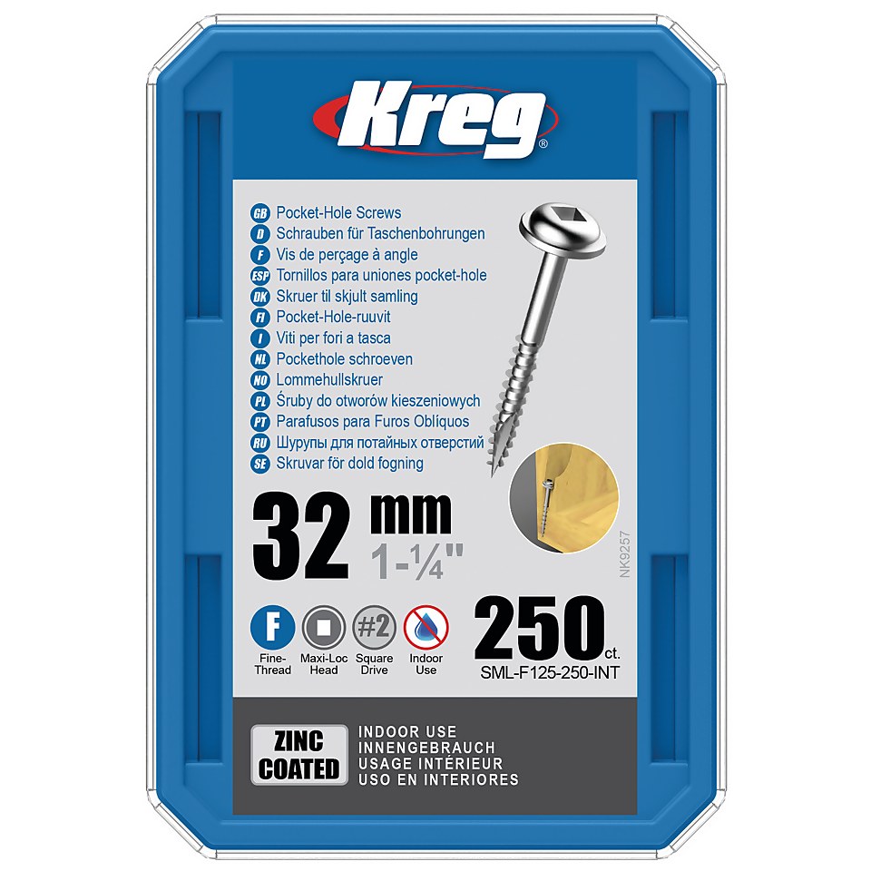 Kreg SML-F125-250-EUR Zinc Pocket-Hole Screws - 32mm / 1.25", #7 Fine-Thread, Maxi-Loc - 250 Pack