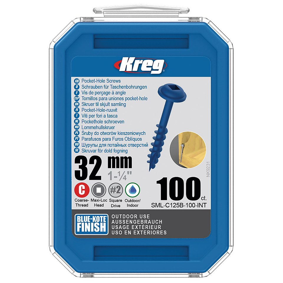 Kreg SML-C125B-100-EUR Blue-Kote Pocket-Hole Screws - 32mm / 1.25", #8 Coarse-Thread, Maxi-Loc - 100 Pack