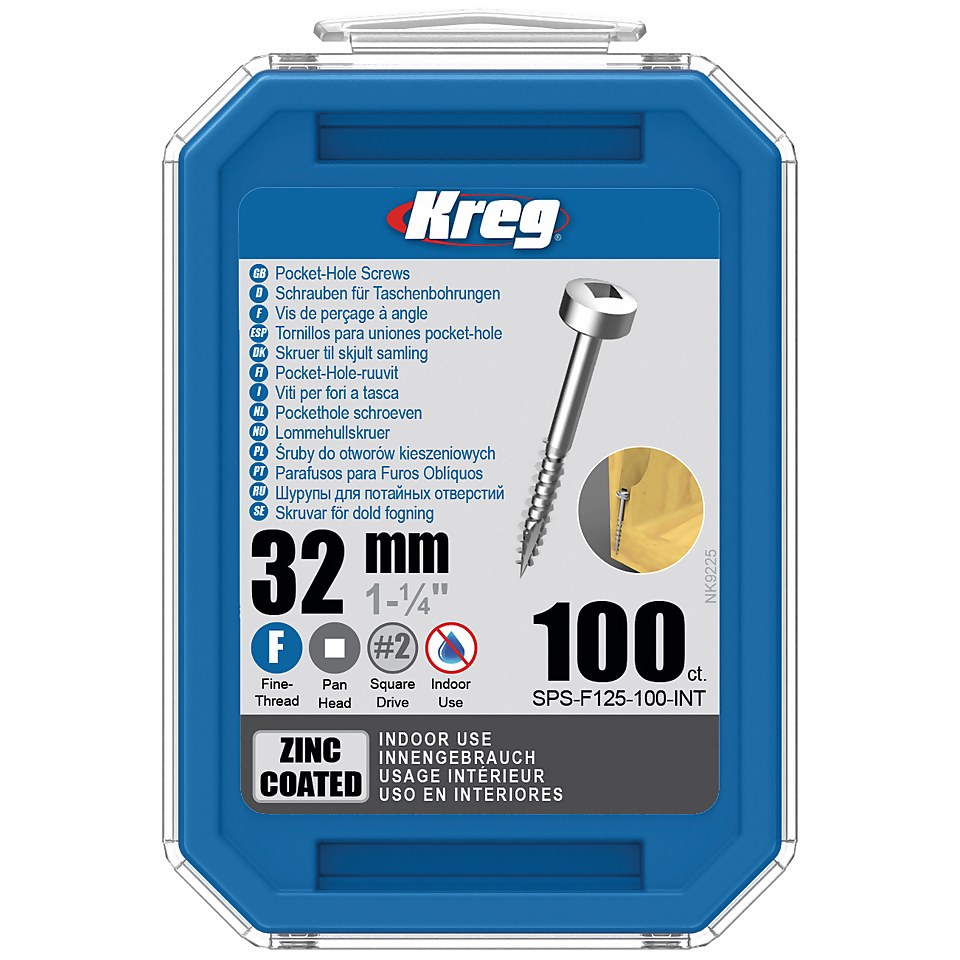Kreg SPS-F125-100-EUR Zinc Pocket-Hole Screws - 32mm / 1.25", #6 Fine-Thread, Pan Head - 100 Pack