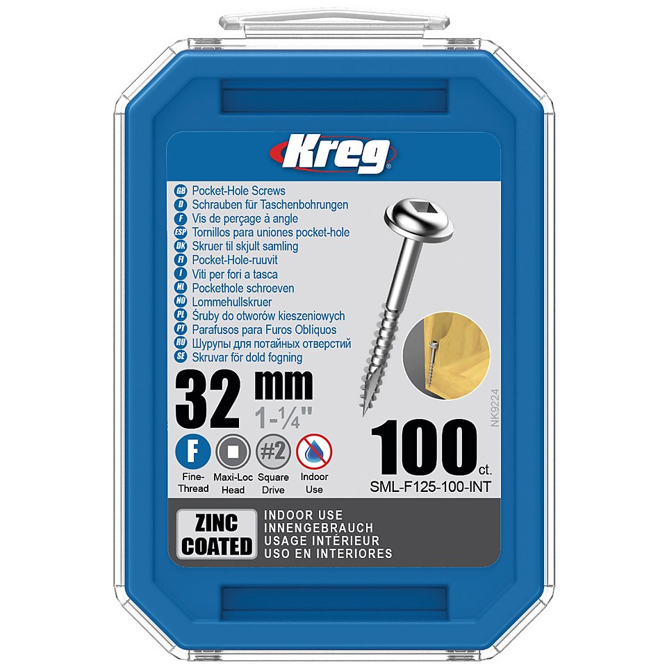 Kreg SML-F125-100-EUR Zinc Pocket-Hole Screws - 32mm / 1.25", #7 Fine-Thread, Maxi-Loc - 100 Pack