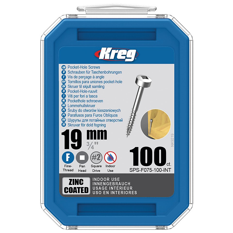 Kreg SPS-F075-100-EUR Zinc Pocket-Hole Screws - 19mm / 0.75", #6 Fine-Thread, Pan Head - 100 Pack