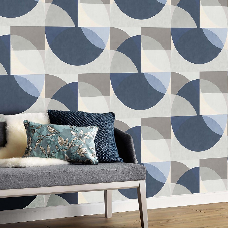 Elle Decoration Geometric Blue Grey Cream Wallpaper
