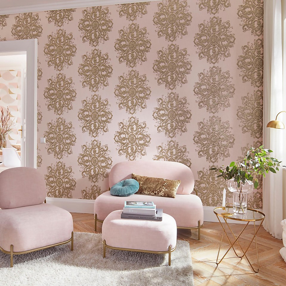Elle Decoration Damask Pink Wallpaper
