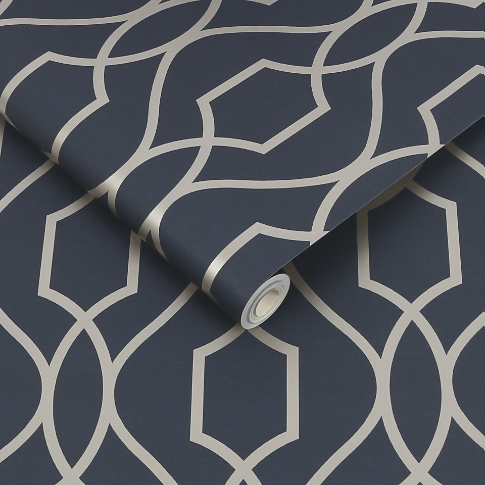 Apex Trellis Navy and Champagne Gold  Wallpaper