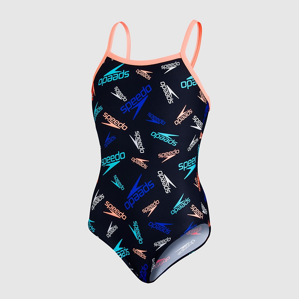 Girls' Boom Logo Thinstrap Muscleback Swimsuit Black