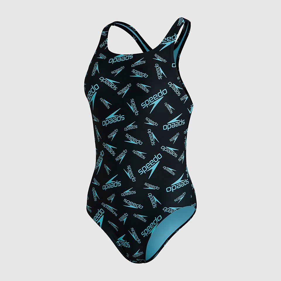 Damen Boom Logo Allover Medalist Badeanzug in Schwarz