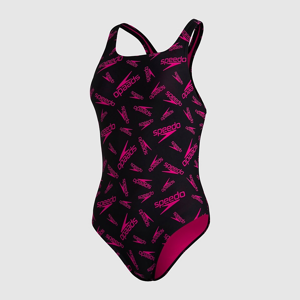 Damen Boom Logo Allover Medalist Badeanzug in Schwarz
