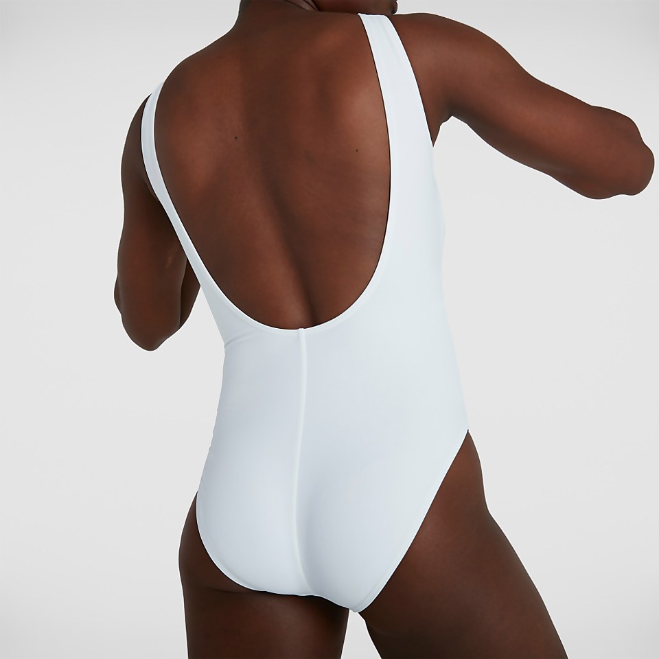 Women's Retro Logo Deep U Back Swimsuit White
