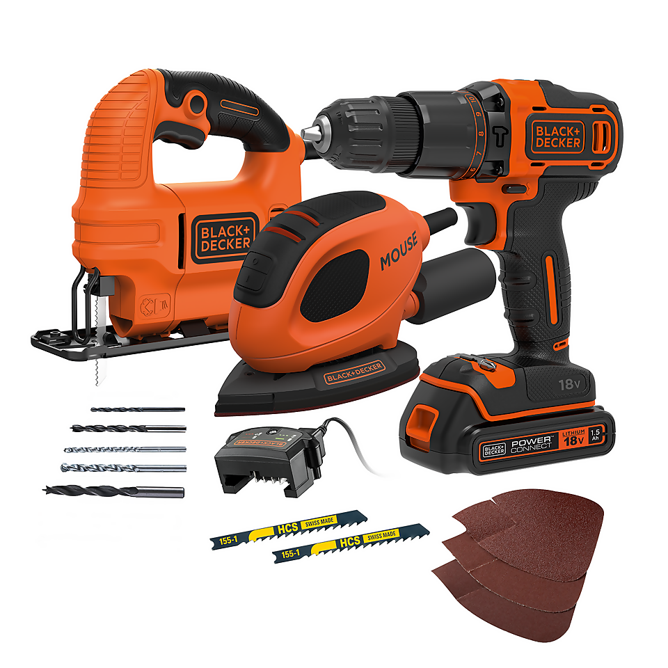 BLACK+DECKER Power Tool Triple Pack (BCK28S1-GB) - Combi Drill, Sander & Jigsaw