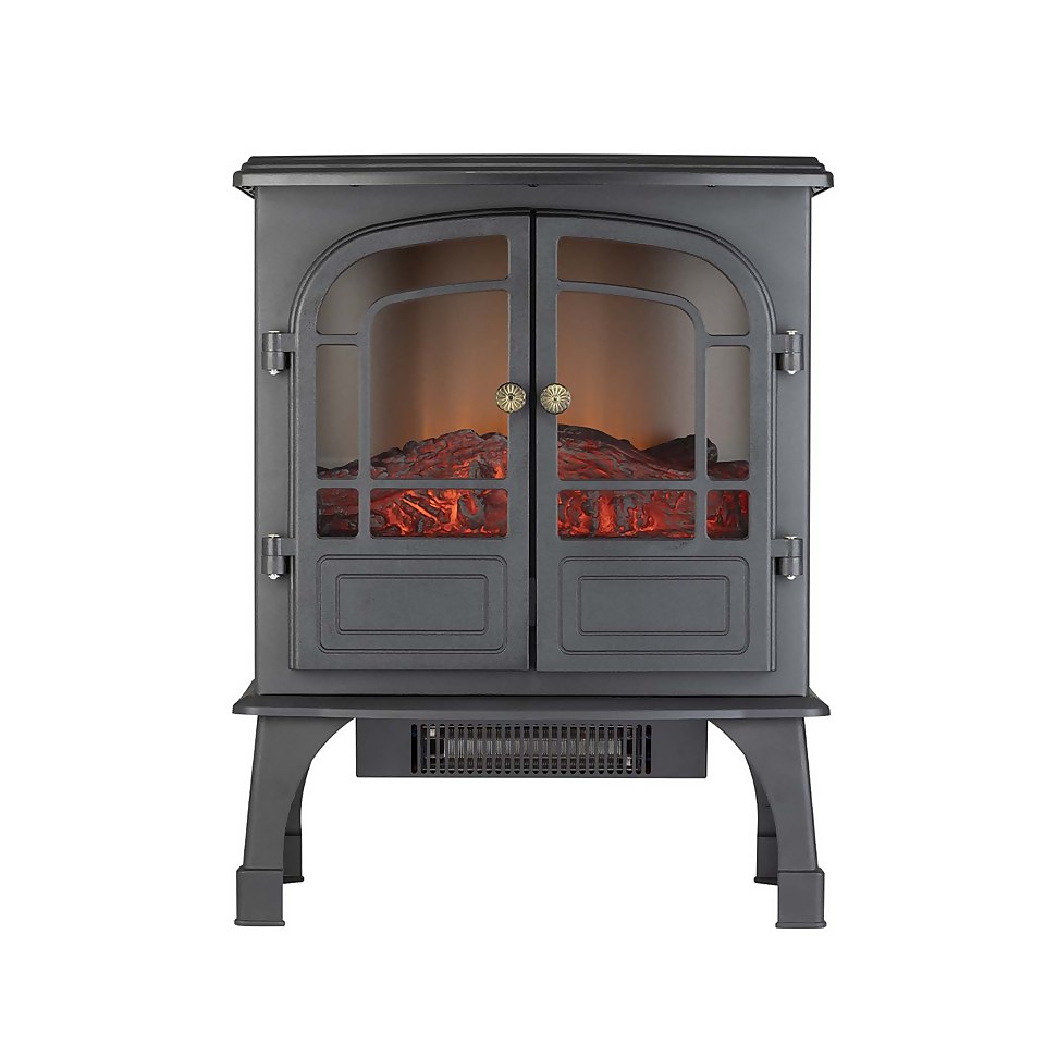 Ironhorse Stenor 2000W Freestanding Electric Stove with Realistic Log Flame Effect - Black