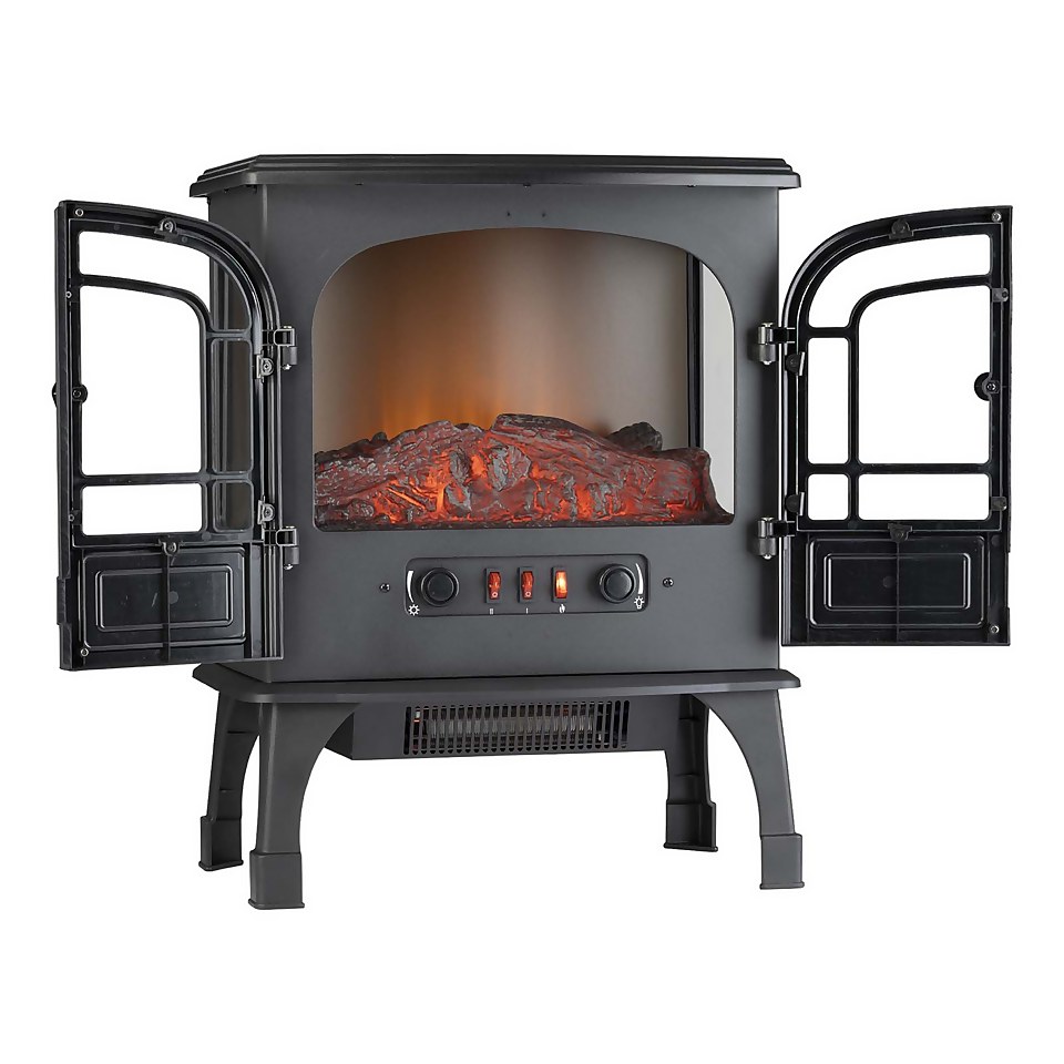 Ironhorse Stenor 2000W Freestanding Electric Stove with Realistic Log Flame Effect - Black