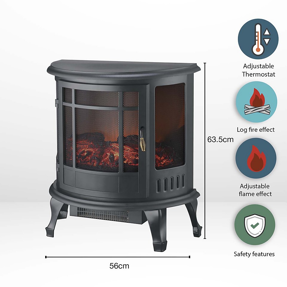 Ironhorse Elstow 1800W Freestanding Electric Stove with Realistic Log Flame Effect - Black