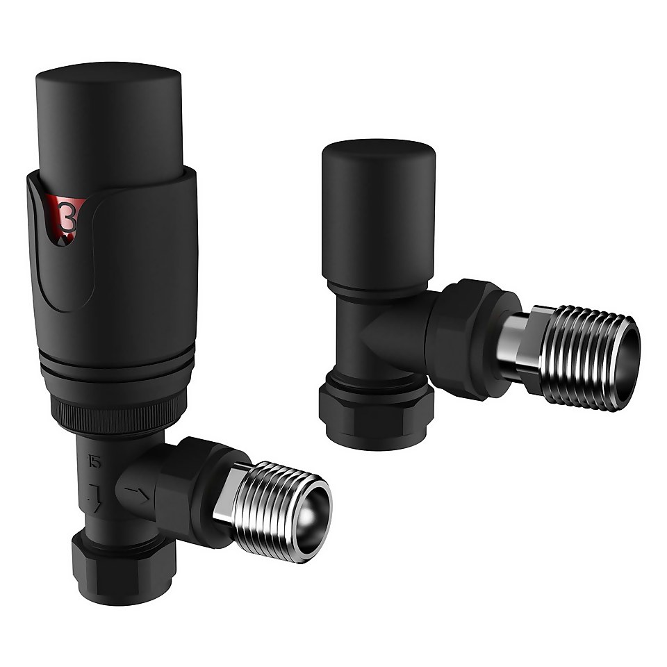 VURTU14 Angled Thermostatic Radiator Valve & Lockshield in Black