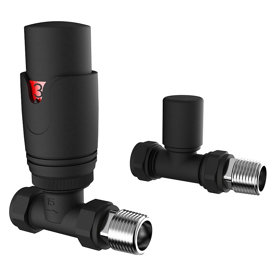 VURTU15 Straight Thermostatic Radiator Valve & Lockshield in Black - Single