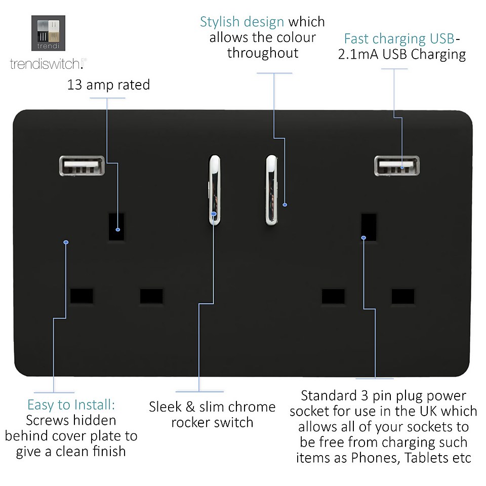 Trendi Switch 2 Gang 13Amp Double Socket and 2 USB Ports - Black