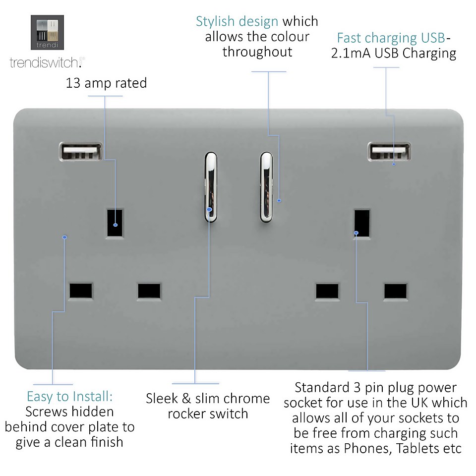 Trendi Switch 2 Gang 13Amp Double Socket and 2 USB Ports - Silver