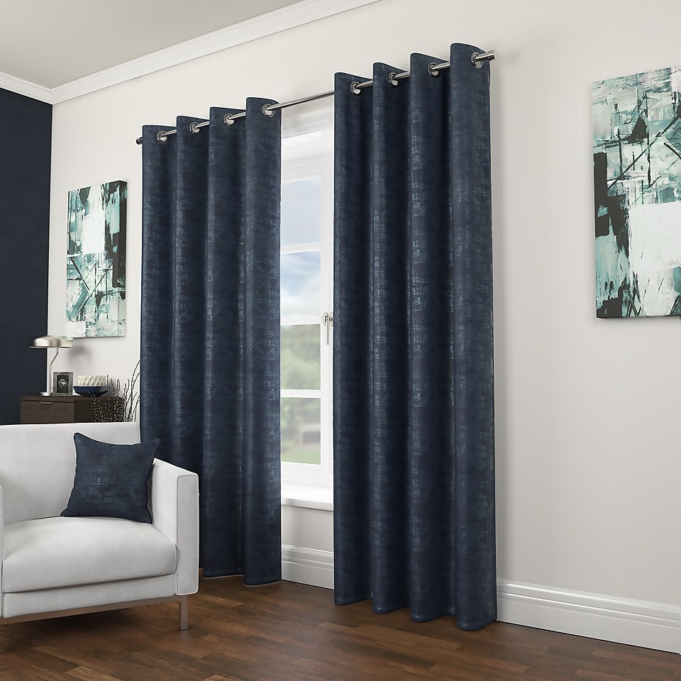 Embroidered Velour Polyester Eyelet Curtains - 66x72in - Navy