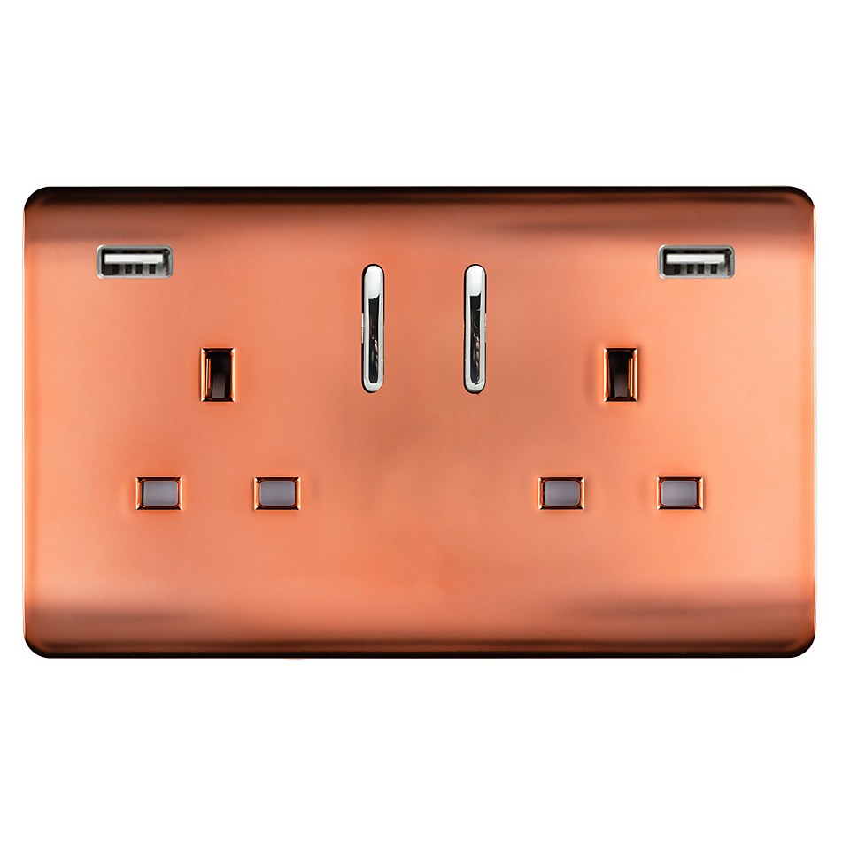 Trendi Switch 2 Gang 13Amp Double Socket and 2 USB Ports - Copper