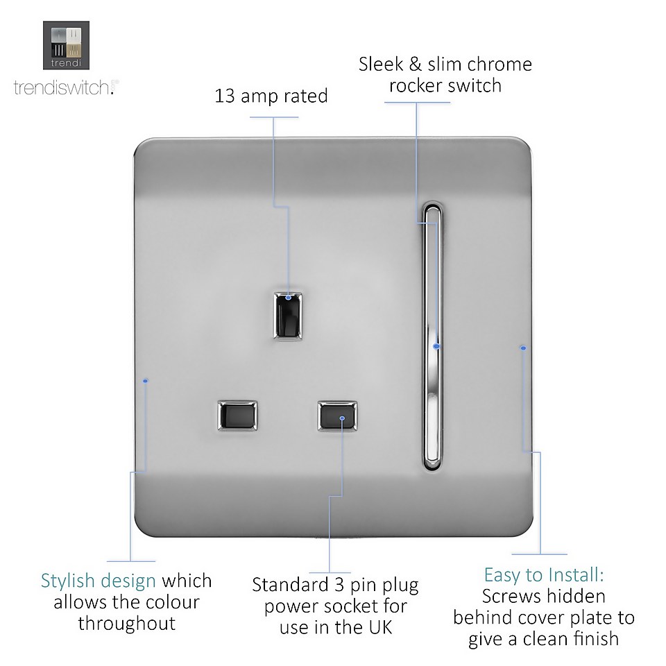 Trendi Switch Single Switched Socket - Stainless Steel