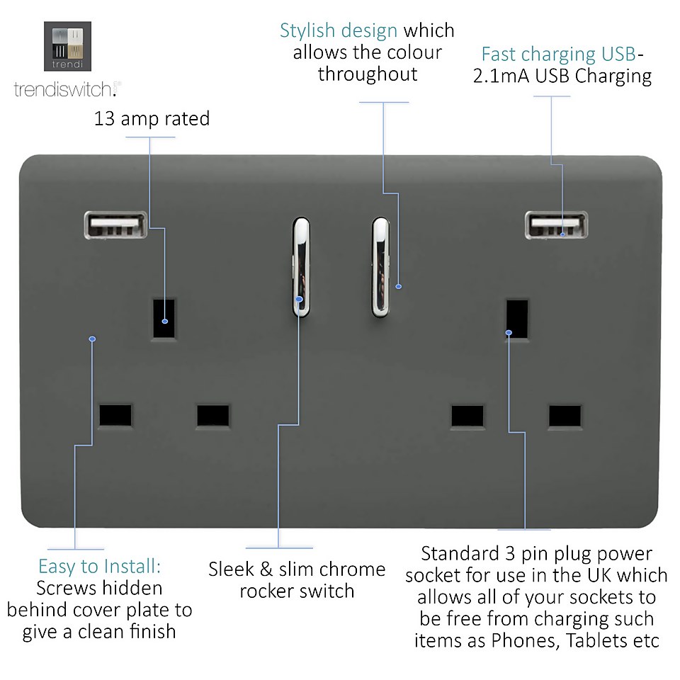 Trendi Switch 2 Gang 13Amp Double Socket and 2 USB Ports - Charcoal