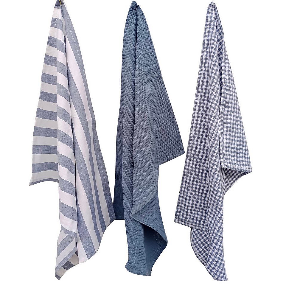 Set of 3 White & Blue Tea Towels