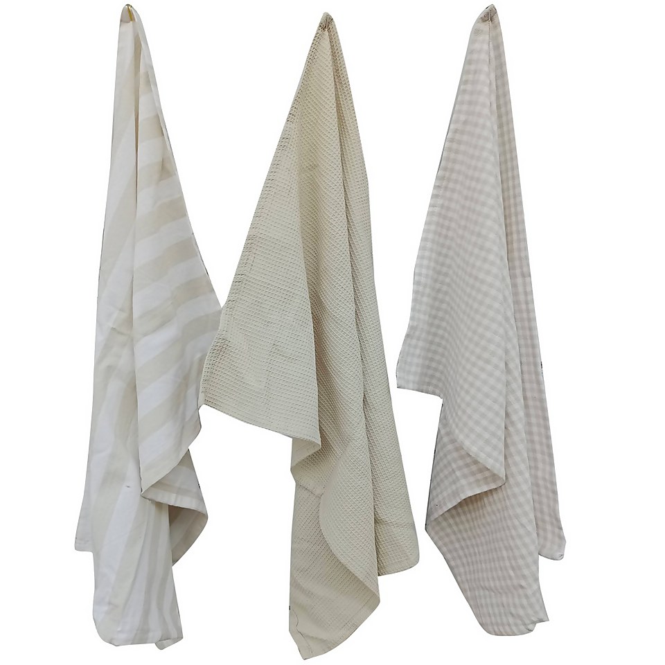 Set of 3 White Natural Tea Towels Homebase
