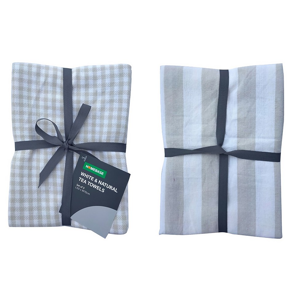 Set of 3 White Natural Tea Towels Homebase