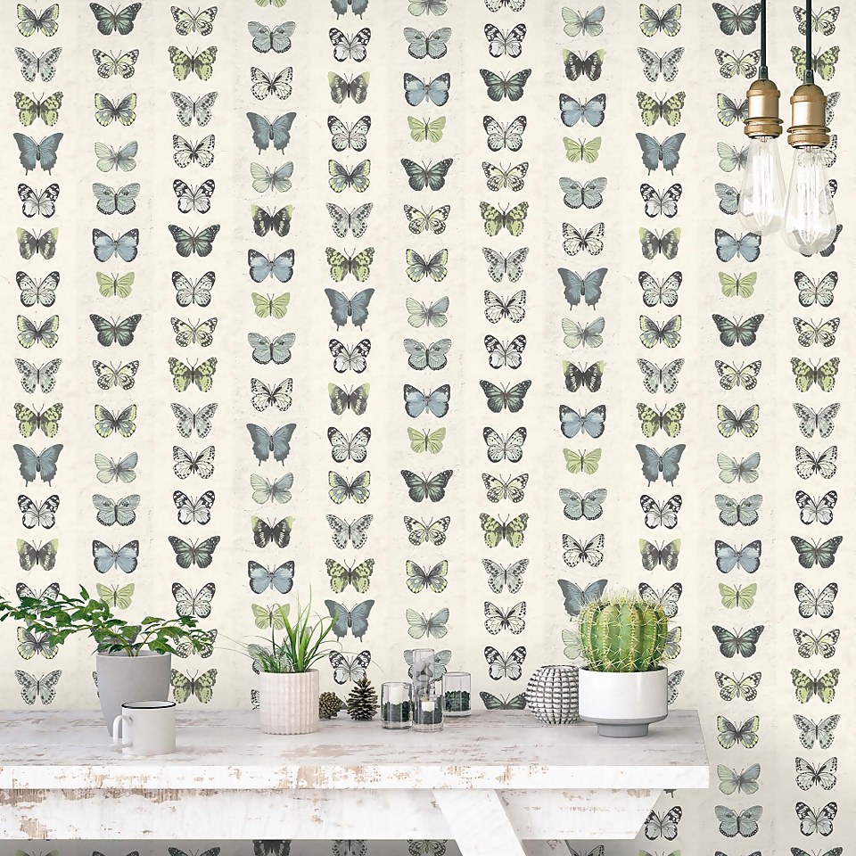 Organic Textures Jewel Butterflies Green Wallpaper Sample