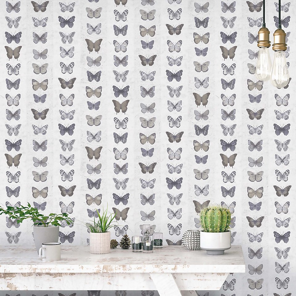 Organic Textures Jewel Butterflies Grey Wallpaper Sample